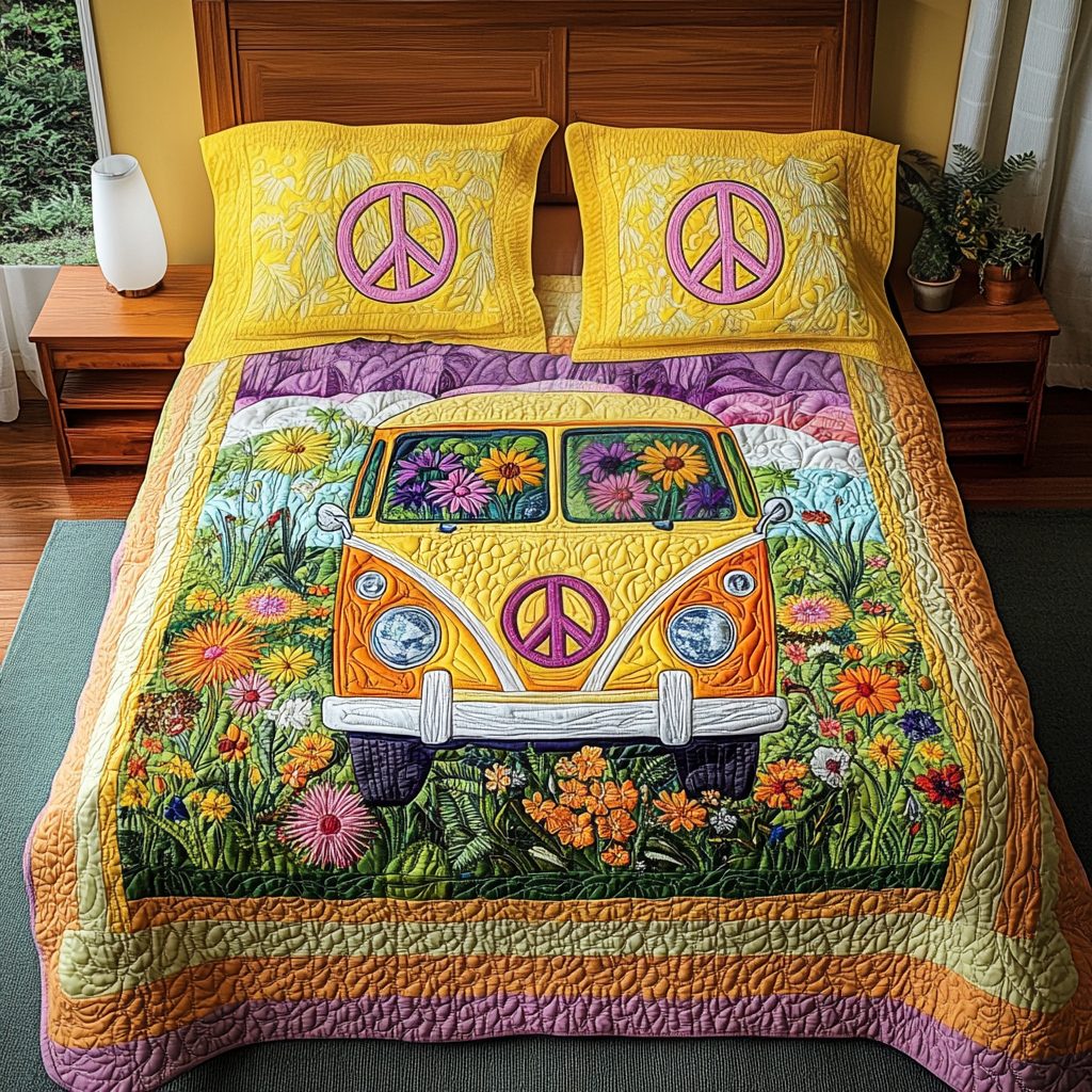 Freedom Bus quilted 3-piece bedding set on a made bed in a warmly lit bedroom