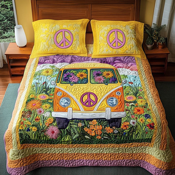 Freedom Bus quilted 3-piece bedding set on a made bed in a warmly lit bedroom