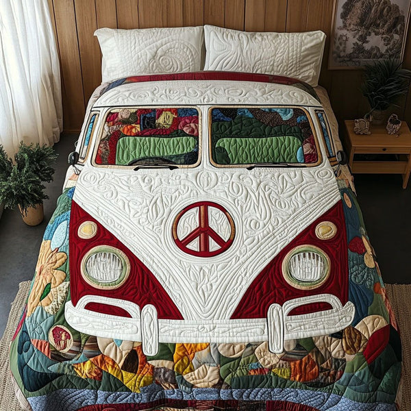 Freedom Camper quilted 3-piece bedding set on a made bed in a warmly lit bedroom