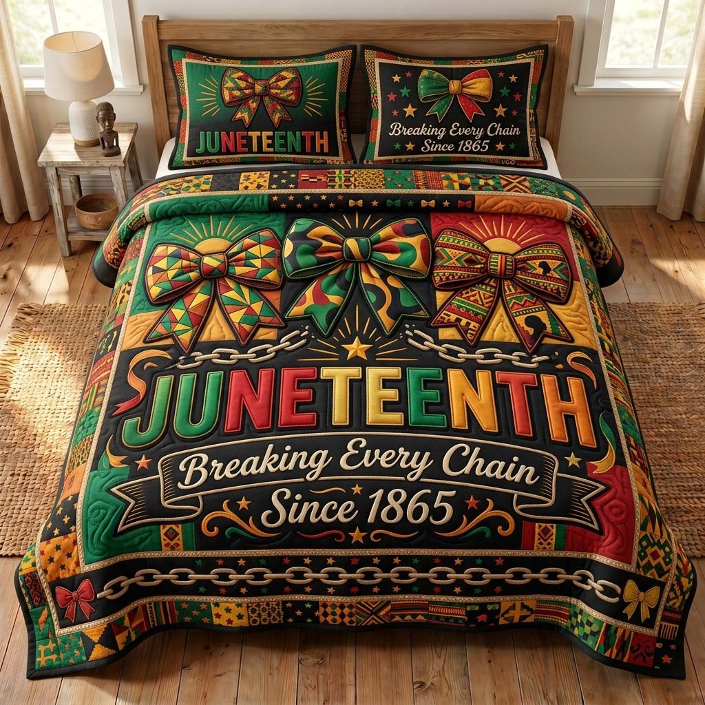 Freedom Chains quilted 3-piece bedding set on a made bed in a warmly lit bedroom