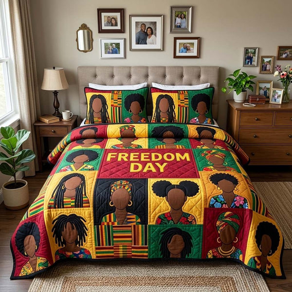 Freedom Collective quilted 3-piece bedding set on a made bed in a warmly lit bedroom
