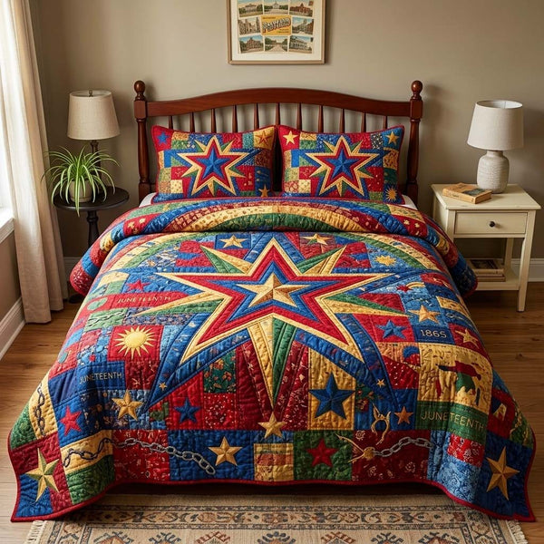 Freedom Constellation quilted 3-piece bedding set on a made bed in a warmly lit bedroom