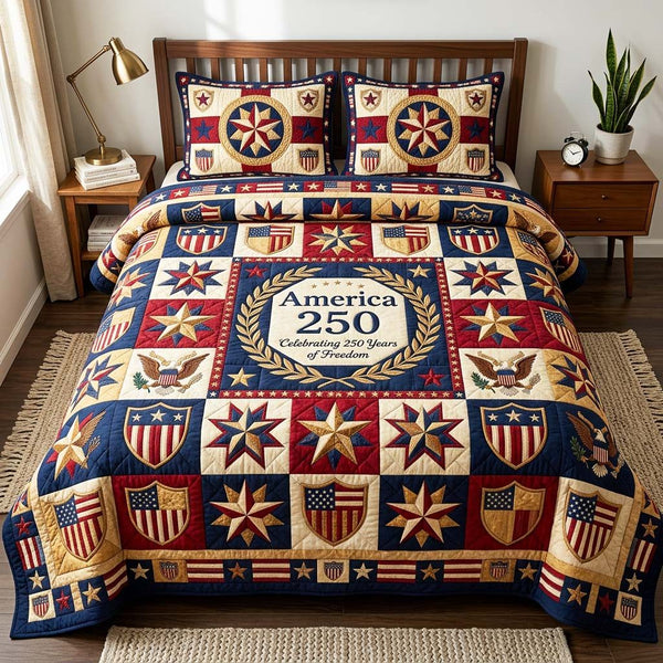 Freedom Crest quilted 3-piece bedding set on a made bed in a warmly lit bedroom