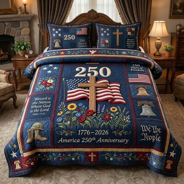 Freedom Cross quilted 3-piece bedding set on a made bed in a warmly lit bedroom