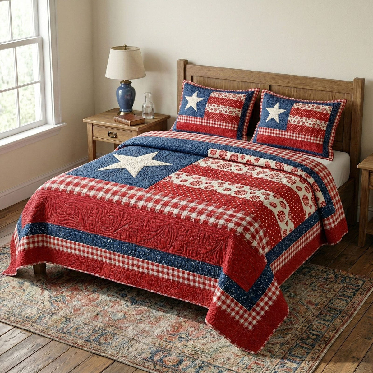 Freedom Daisy Meadow quilted 3-piece bedding set on a made bed in a warmly lit bedroom