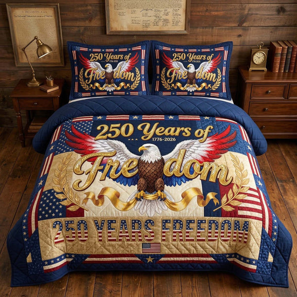 Freedom Eagle quilted 3-piece bedding set on a made bed in a warmly lit bedroom