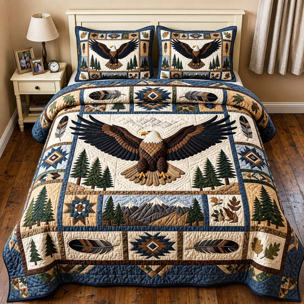 Freedom Eagle quilted 3-piece bedding set on a made bed in a warmly lit bedroom