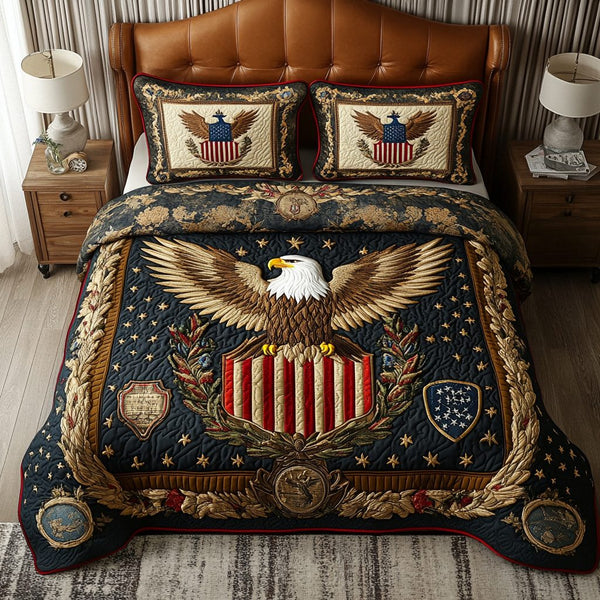 Freedom Eagle quilted 3-piece bedding set on a made bed in a warmly lit bedroom