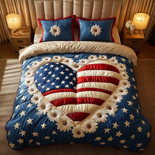 Freedom Embraced quilted 3-piece bedding set on a made bed in a warmly lit bedroom