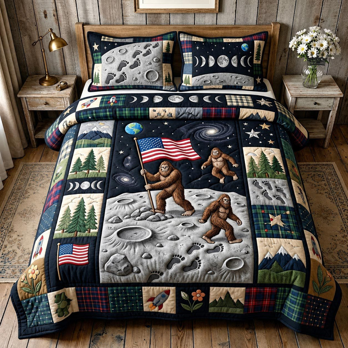 Freedom Explorer quilted 3-piece bedding set on a made bed in a warmly lit bedroom