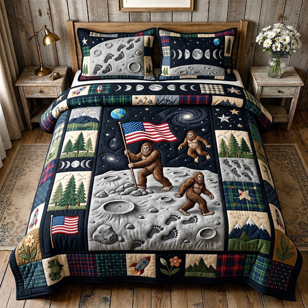 Freedom Explorer quilted 3-piece bedding set on a made bed in a warmly lit bedroom
