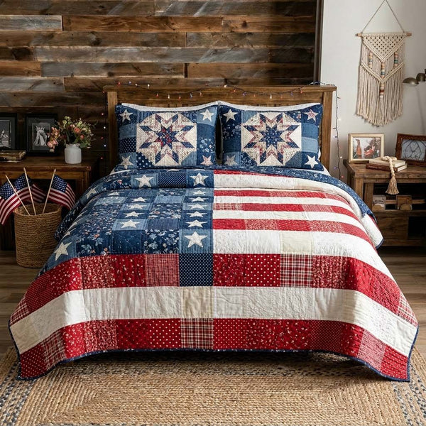 Freedom Flag quilted 3-piece bedding set on a made bed in a warmly lit bedroom