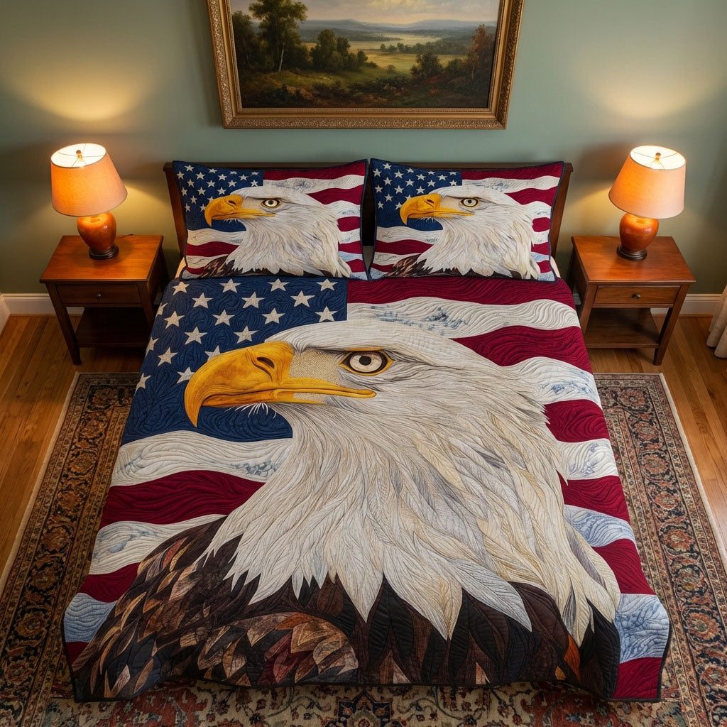 Freedom Flag quilted 3-piece bedding set on a made bed in a warmly lit bedroom