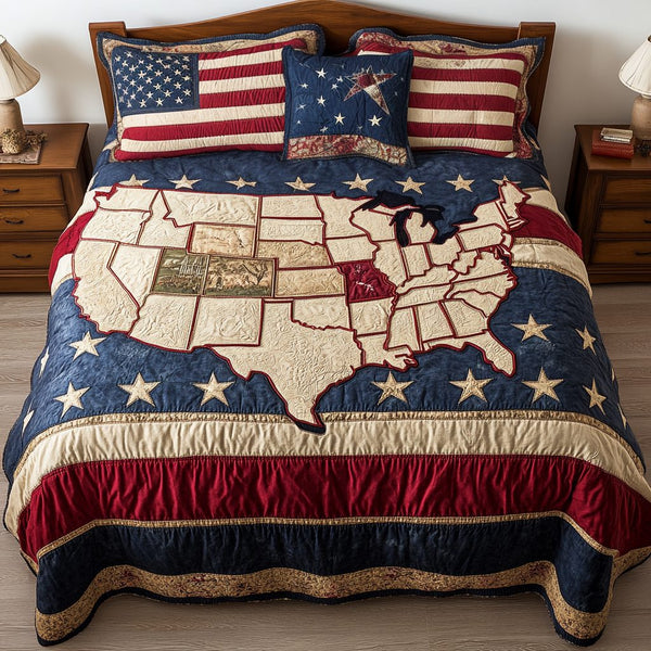 Freedom Flag quilted 3-piece bedding set on a made bed in a warmly lit bedroom