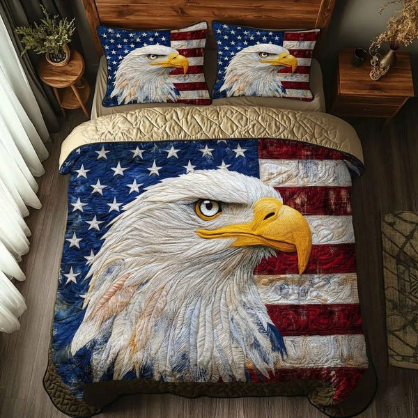 Freedom Flight quilted 3-piece bedding set on a made bed in a warmly lit bedroom