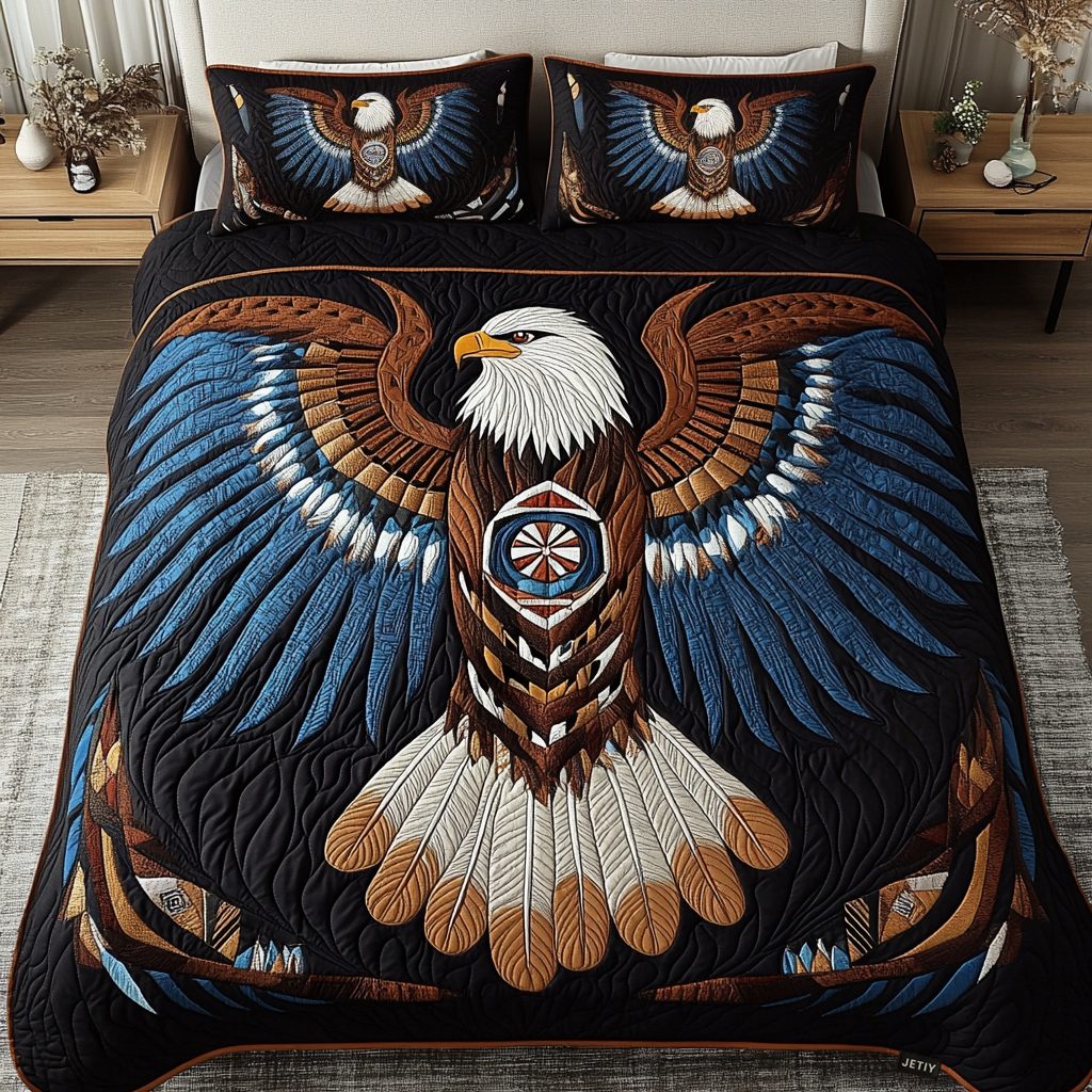 Freedom Flight quilted 3-piece bedding set on a made bed in a warmly lit bedroom