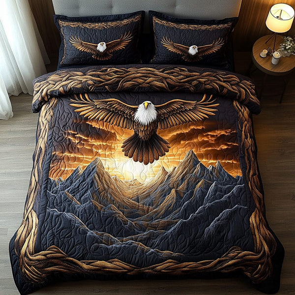 Freedom Flight quilted 3-piece bedding set on a made bed in a warmly lit bedroom