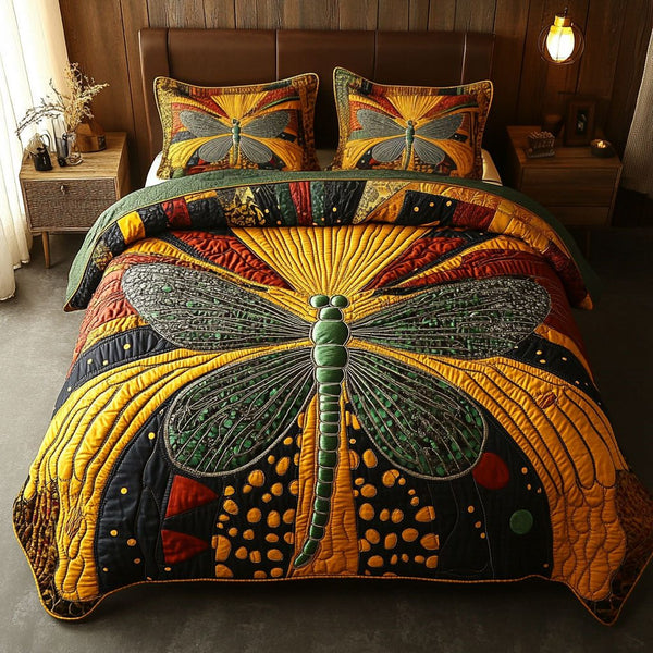 Freedom Flight quilted 3-piece bedding set on a made bed in a warmly lit bedroom