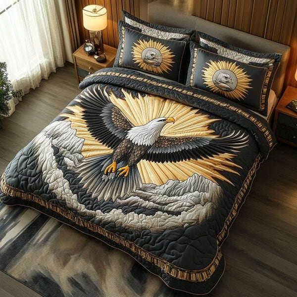 Freedom Flight quilted 3-piece bedding set on a made bed in a warmly lit bedroom
