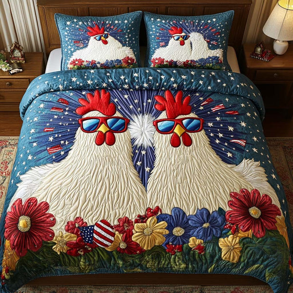 Freedom Flock quilted 3-piece bedding set on a made bed in a warmly lit bedroom