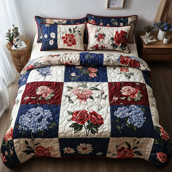 Freedom Floral Patchwork quilted 3-piece bedding set on a made bed in a warmly lit bedroom
