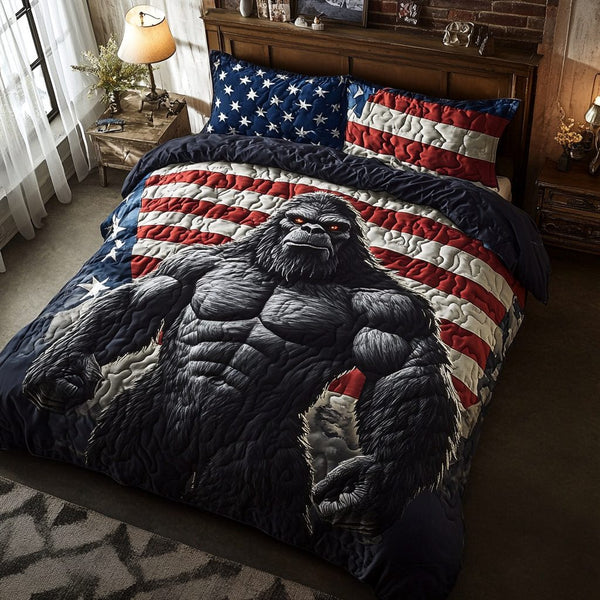 Freedom Foot quilted 3-piece bedding set on a made bed in a warmly lit bedroom