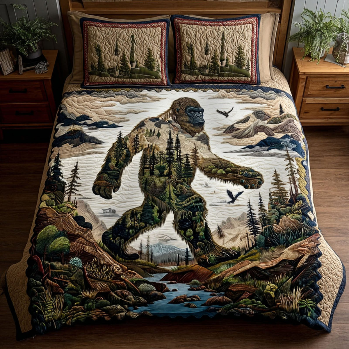 Freedom Footprint quilted 3-piece bedding set on a made bed in a warmly lit bedroom