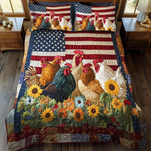 Freedom Fowl quilted 3-piece bedding set on a made bed in a warmly lit bedroom