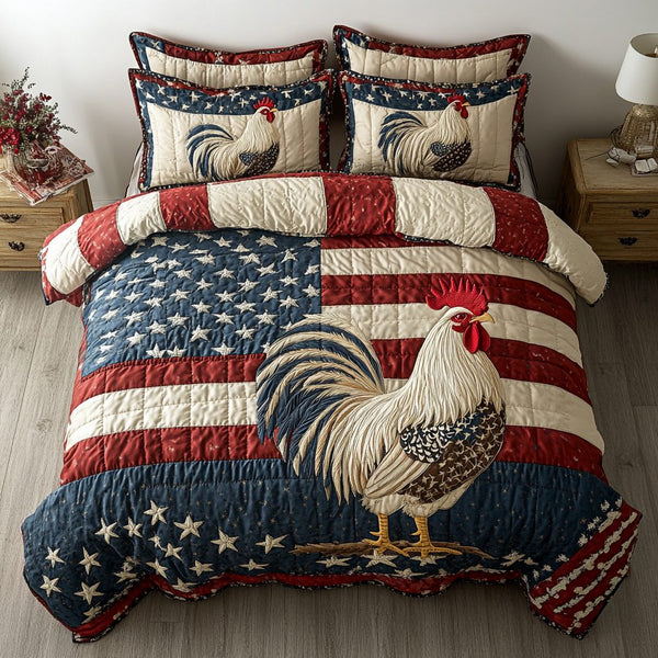 Freedom Fowl quilted 3-piece bedding set on a made bed in a warmly lit bedroom