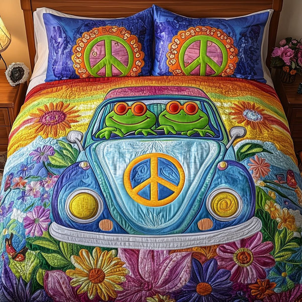 Freedom Frog quilted 3-piece bedding set on a made bed in a warmly lit bedroom
