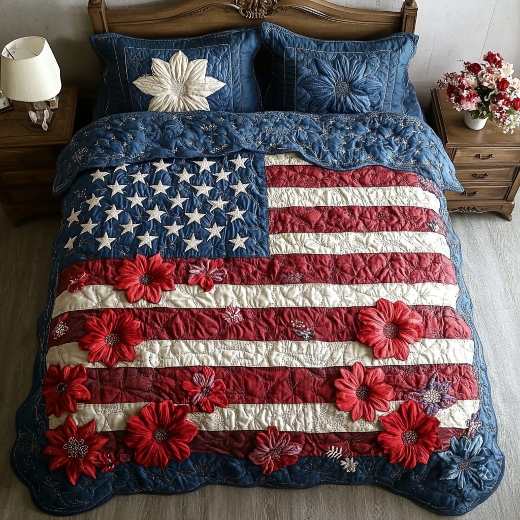 Freedom Garden quilted 3-piece bedding set on a made bed in a warmly lit bedroom