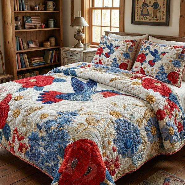 Freedom Garden Retreat quilted 3-piece bedding set on a made bed in a warmly lit bedroom