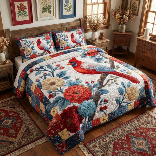 Freedom Garden Wings quilted 3-piece bedding set on a made bed in a warmly lit bedroom