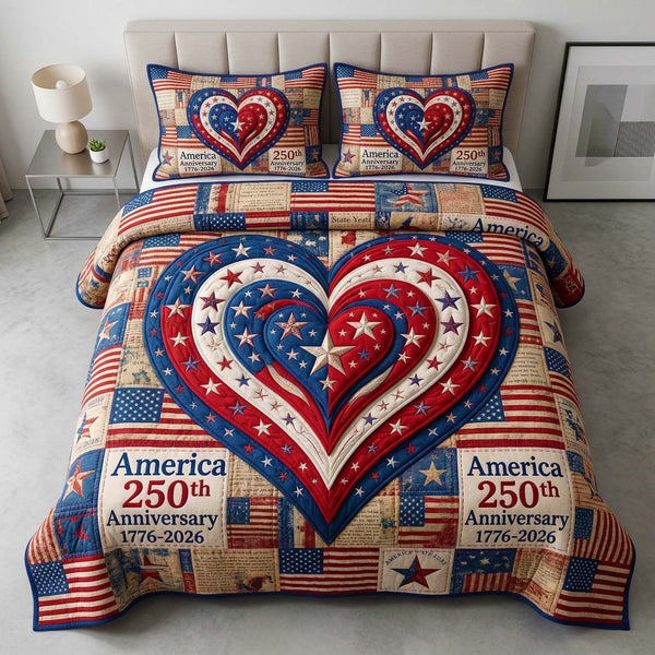 Freedom Heart quilted 3-piece bedding set on a made bed in a warmly lit bedroom