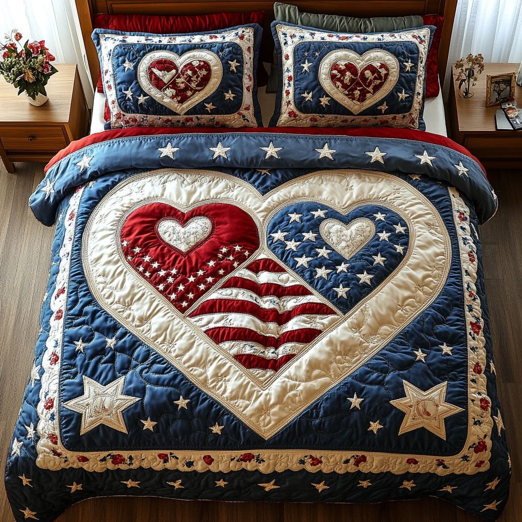 Freedom Hearts quilted 3-piece bedding set on a made bed in a warmly lit bedroom