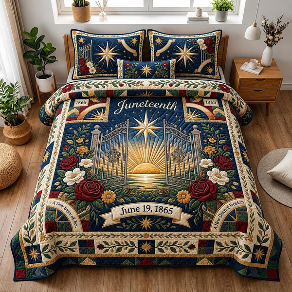 Freedom Honor quilted 3-piece bedding set on a made bed in a warmly lit bedroom