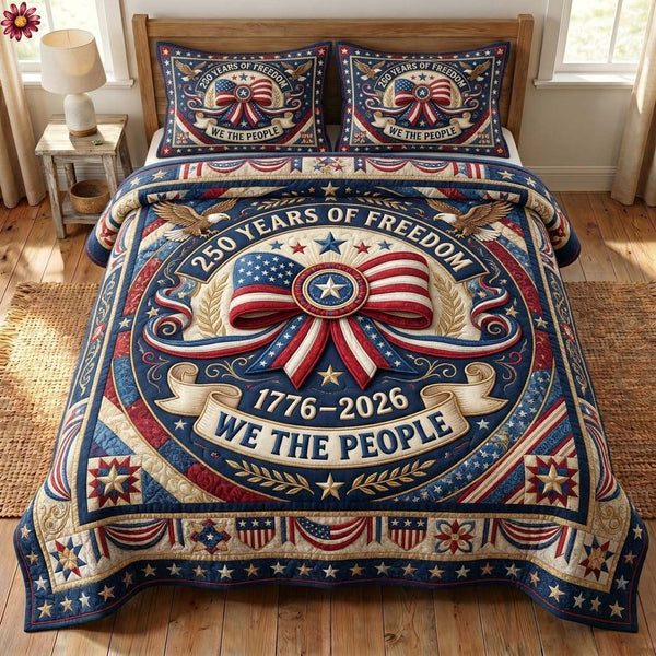 Freedom Horizon quilted 3-piece bedding set on a made bed in a warmly lit bedroom