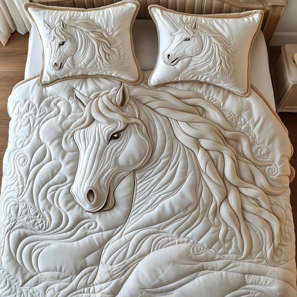 Freedom Horse quilted 3-piece bedding set on a made bed in a warmly lit bedroom