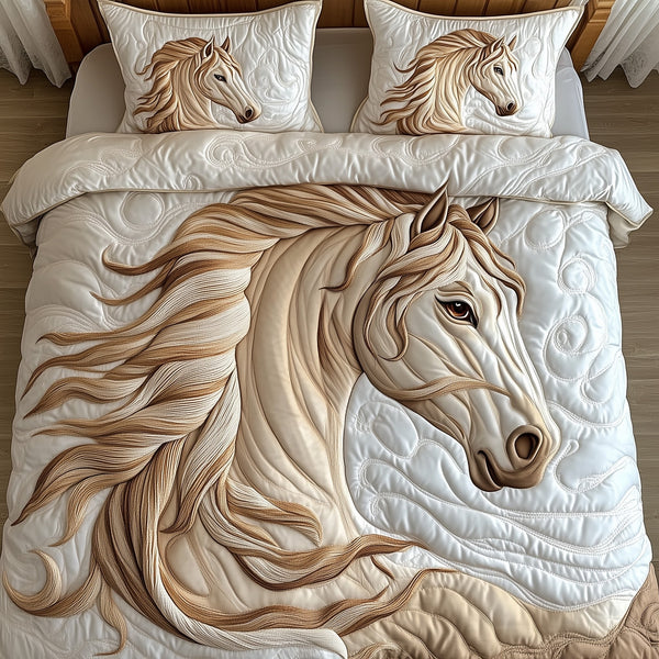 Freedom Horse quilted 3-piece bedding set on a made bed in a warmly lit bedroom