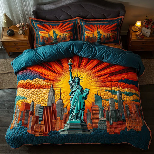 Freedom Icon quilted 3-piece bedding set on a made bed in a warmly lit bedroom