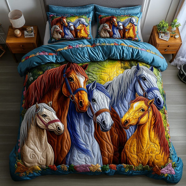 Freedom in Motion quilted 3-piece bedding set on a made bed in a warmly lit bedroom