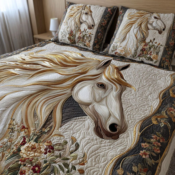 Freedom in Motion quilted 3-piece bedding set on a made bed in a warmly lit bedroom