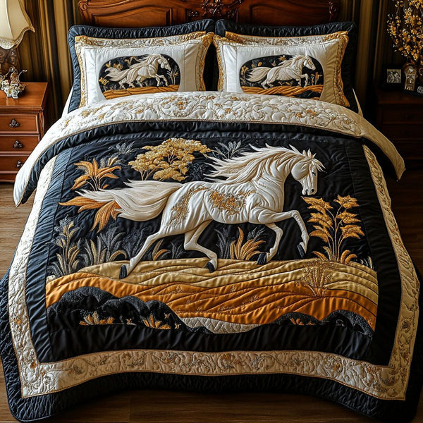 Freedom in Motion quilted 3-piece bedding set on a made bed in a warmly lit bedroom