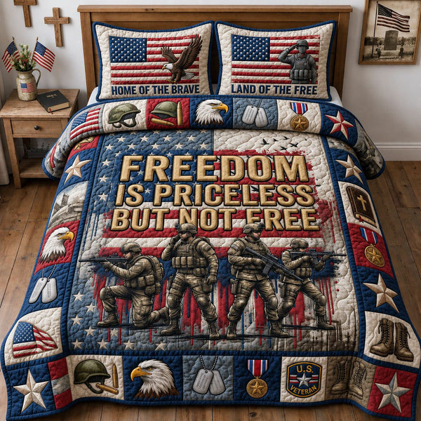 Freedom Is Priceless quilted 3-piece bedding set on a made bed in a warmly lit bedroom