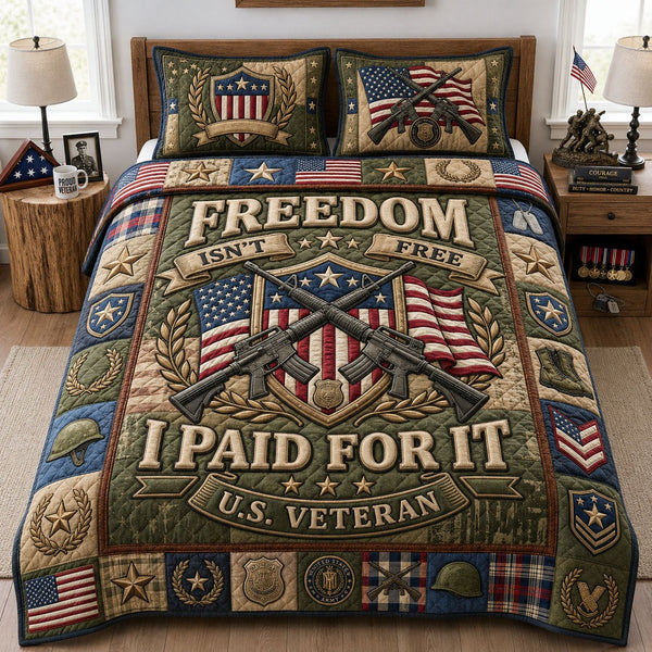 Freedom Isnt Free quilted 3-piece bedding set on a made bed in a warmly lit bedroom