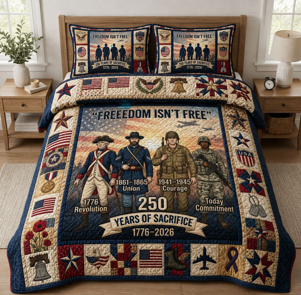 Freedom Isnt Free quilted 3-piece bedding set on a made bed in a warmly lit bedroom