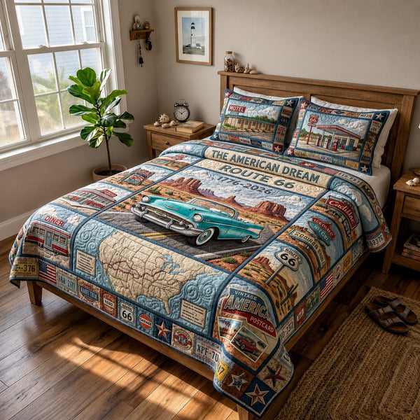 Freedom Journey quilted 3-piece bedding set on a made bed in a warmly lit bedroom