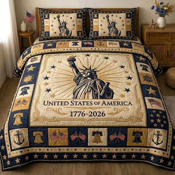 Freedom Lady Heritage quilted 3-piece bedding set on a made bed in a warmly lit bedroom