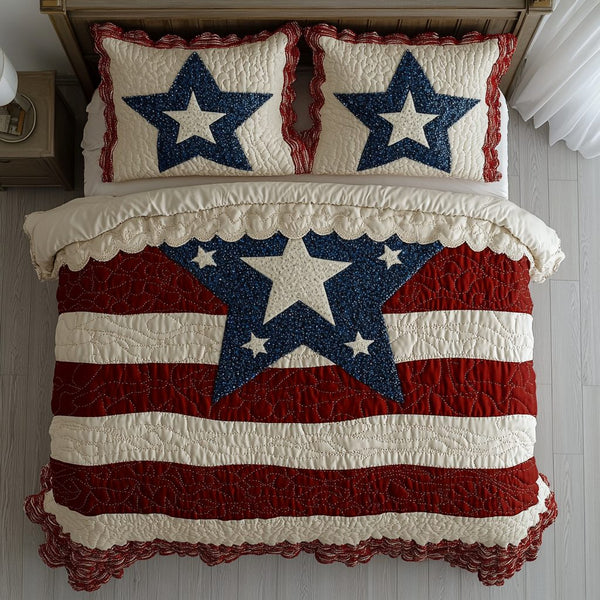 Freedom Layers quilted 3-piece bedding set on a made bed in a warmly lit bedroom