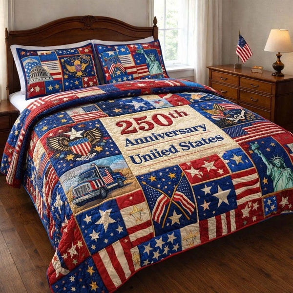 Freedom Legacy quilted 3-piece bedding set on a made bed in a warmly lit bedroom